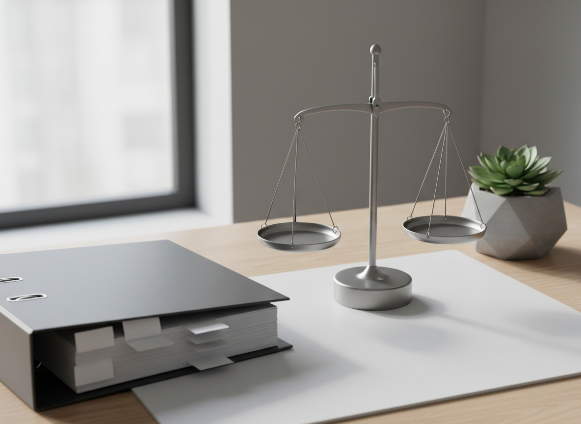 A close-up, photographic image of a meticulously organized desk featuring a thick, unmarked charcoal-grey binder slightly open, revealing neatly aligned, blank divider tabs. Beside it, a brushed metal scale sculpture with perfectly balanced arms stands on a smooth white desk pad, suggesting fairness and ethical standards. In the corner, a low, geometric planter with a small, thriving green plant adds a subtle organic touch. Soft, indirect office lighting from a large unseen window creates a gentle gradient of light across the scene, with mild reflections on the metal surfaces. Shot from a slightly elevated three-quarter angle with sharp focus throughout, the composition feels ordered, precise, and professional, evoking governance, policy, and integrity practices for peer organizations without any visible text or people.