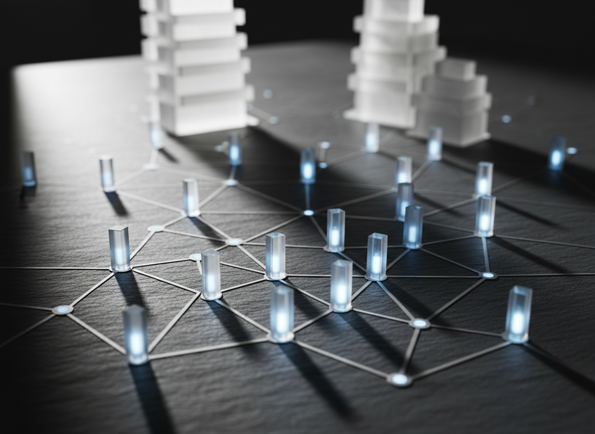 An elegant, dark slate surface covered with a precise network of intersecting silver lines forming a geometric web, each connection point marked by a small, upright, translucent acrylic block. The blocks glow subtly from within, suggesting active peer connections and shared responsibility. In the background, out of focus, stand taller, more complex acrylic forms representing established organizations. Cool, directional studio lighting from the upper left casts crisp, refined shadows that emphasize depth and structure. The composition follows the rule of thirds with a shallow depth of field, emphasizing a cluster of central nodes. Photographic realism and a clean, modern aesthetic create a mood of rigor, transparency, and ethical collaboration, supporting the theme of integrity in peer support networks without any human figures.